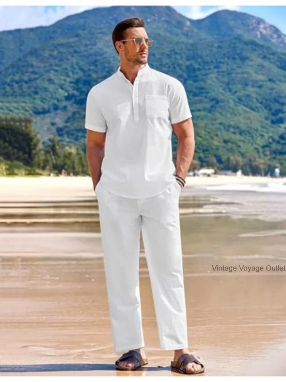 Men's 2 Piece Cotton Linen Set Henley Shirt & Pants Summer Outfit